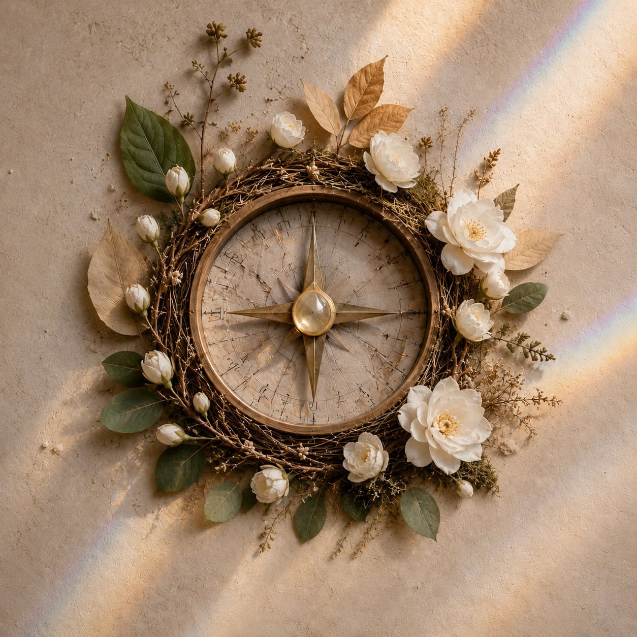 Ilustração em estilo editorial botânico sobre um fundo de papel artesanal em tom areia, iluminado por uma luz dourada de fim de tarde. No centro da composição há uma bússola antiga de aparência vintage, com detalhes em dourado envelhecido e uma rosa dos ventos delicadamente gravada. A bússola é envolvida por uma guirlanda circular formada por galhos finos entrelaçados, musgos, folhas verdes e folhas secas em tons terrosos. Ao redor da guirlanda, flores brancas delicadas aparecem em diferentes estágios de florescimento, desde pequenos botões fechados até flores totalmente abertas, simbolizando um processo de crescimento e desabrochar. Reflexos sutis em arco-íris atravessam a imagem na diagonal, acrescentando um toque mágico e etéreo. A paleta de cores é composta por tons neutros, verdes naturais, branco e dourado suave, transmitindo uma sensação de calma, sofisticação, natureza e orientação interior.