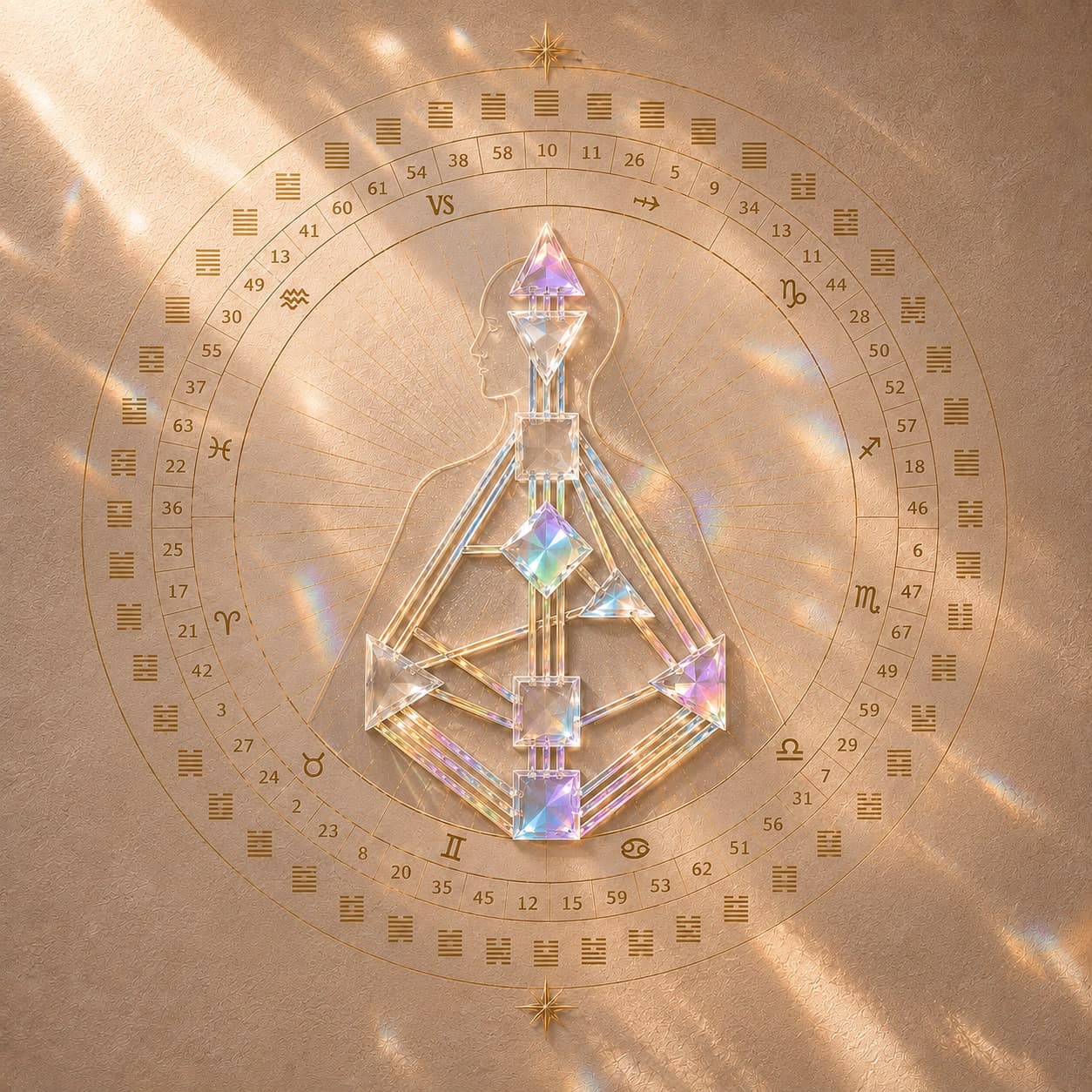 Ilustração em tons dourados e bege de uma mandala inspirada em Geometria Sagrada, Astrologia, I Ching e Human Design. No centro, há a silhueta translúcida de um corpo humano contendo um bodygraph formado por prismas cristalinos iridescentes que refletem tons de arco-íris. Ao redor, círculos concêntricos exibem hexagramas do I Ching, símbolos astrológicos e números, iluminados por um fundo com raios dourados suaves e reflexos prismáticos. A composição transmite uma atmosfera luminosa, sagrada e contemplativa.