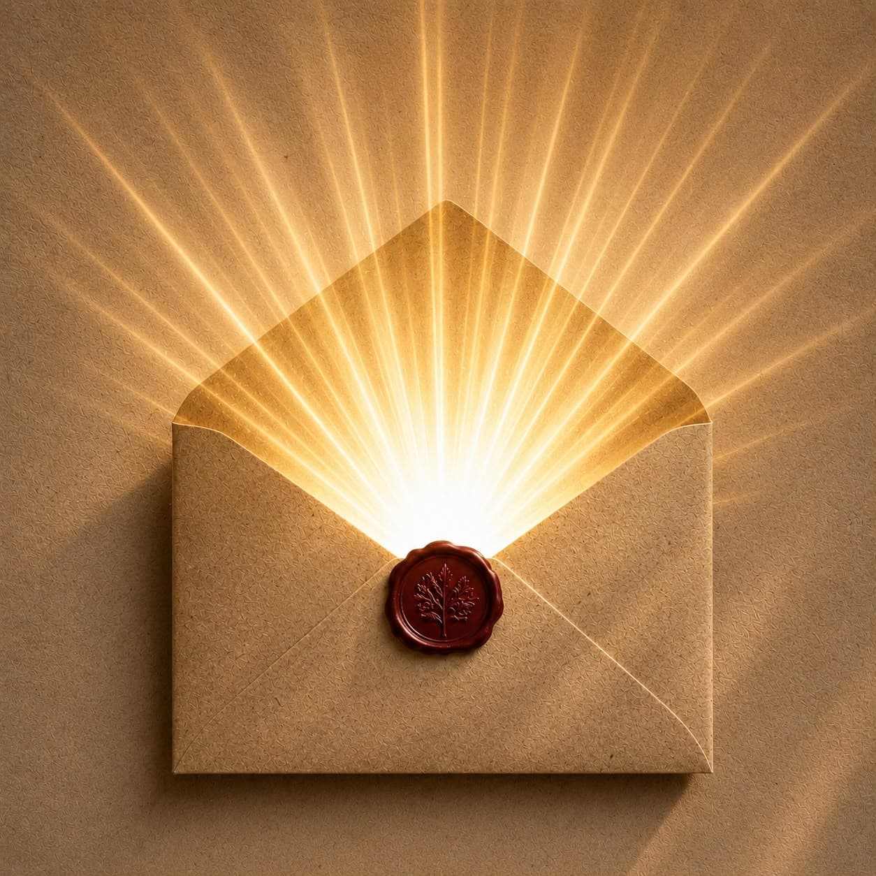 Ilustração de um envelope de papel kraft aberto sobre um fundo bege texturizado. Do interior do envelope emerge uma intensa luz branca e dourada, formando longos raios de sol que se expandem para cima e para os lados, criando um efeito mágico e celestial. O envelope é fechado com um selo de cera vermelho estampado com uma árvore. A iluminação quente e os raios dourados evocam a sensação de uma mensagem especial, sagrada e transformadora sendo revelada.